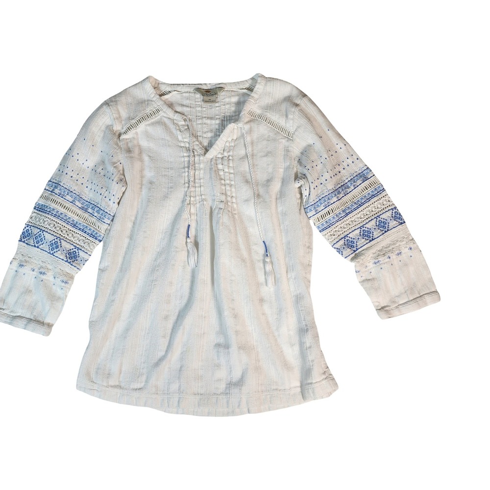 Bob Timberlake Womens XS White Blue Embroidered Cotton Gauze Boho Peasant Blouse
